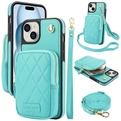 For iPhone 15 AwQuer Crossbody Zipper Wallet Bag Litchi Leather Phone Case(Mint Green) - iPhone 15 Cases by Awquer | Online Shopping UK | buy2fix