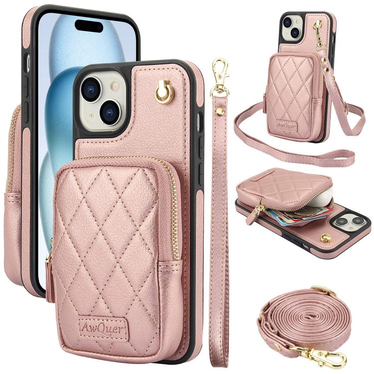 For iPhone 15 AwQuer Crossbody Zipper Wallet Bag Litchi Leather Phone Case(Rose Gold) - iPhone 15 Cases by Awquer | Online Shopping UK | buy2fix