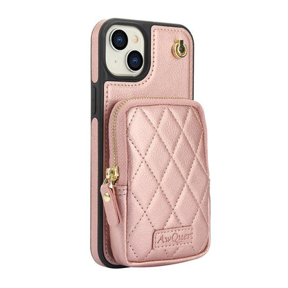 For iPhone 15 AwQuer Crossbody Zipper Wallet Bag Litchi Leather Phone Case(Rose Gold) - iPhone 15 Cases by Awquer | Online Shopping UK | buy2fix