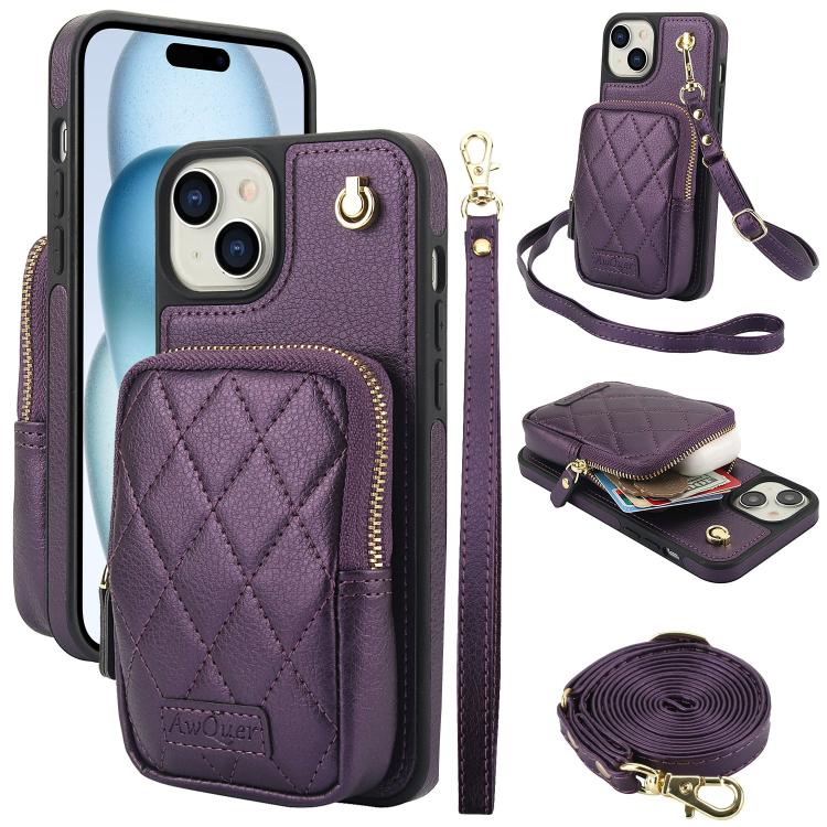 For iPhone 15 AwQuer Crossbody Zipper Wallet Bag Litchi Leather Phone Case(Dark Purple) - iPhone 15 Cases by Awquer | Online Shopping UK | buy2fix