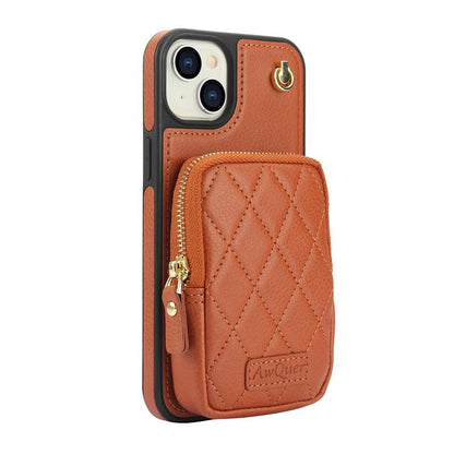 For iPhone 15 AwQuer Crossbody Zipper Wallet Bag Litchi Leather Phone Case(Brown) - iPhone 15 Cases by Awquer | Online Shopping UK | buy2fix
