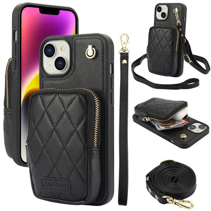 For iPhone 14 Plus AwQuer Crossbody Zipper Wallet Bag Litchi Leather Phone Case(Black) - iPhone 14 Plus Cases by Awquer | Online Shopping UK | buy2fix