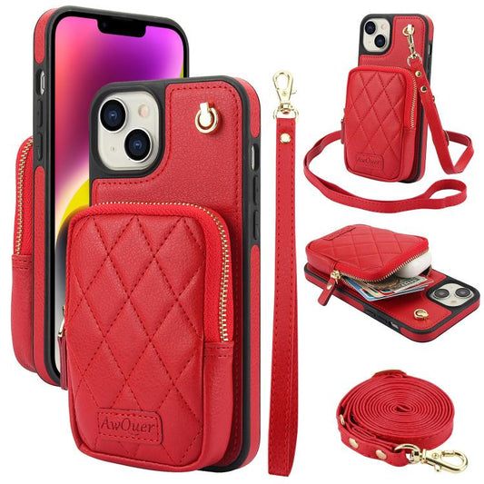 For iPhone 14 Plus AwQuer Crossbody Zipper Wallet Bag Litchi Leather Phone Case(Red) - iPhone 14 Plus Cases by Awquer | Online Shopping UK | buy2fix