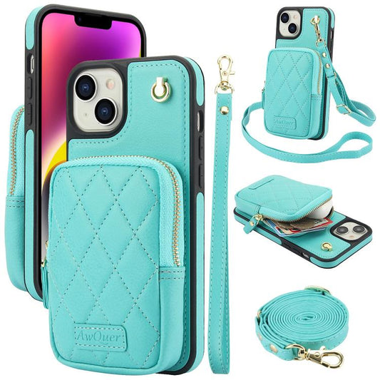 For iPhone 14 Plus AwQuer Crossbody Zipper Wallet Bag Litchi Leather Phone Case(Mint Green) - iPhone 14 Plus Cases by Awquer | Online Shopping UK | buy2fix