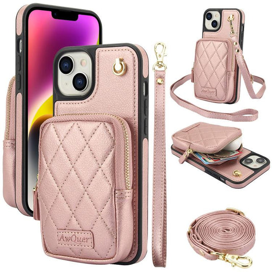 For iPhone 14 Plus AwQuer Crossbody Zipper Wallet Bag Litchi Leather Phone Case(Rose Gold) - iPhone 14 Plus Cases by Awquer | Online Shopping UK | buy2fix
