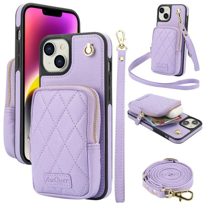 For iPhone 14 Plus AwQuer Crossbody Zipper Wallet Bag Litchi Leather Phone Case(Light Purple) - iPhone 14 Plus Cases by Awquer | Online Shopping UK | buy2fix