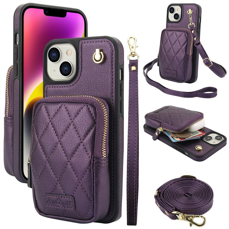 For iPhone 14 Plus AwQuer Crossbody Zipper Wallet Bag Litchi Leather Phone Case(Dark Purple) - iPhone 14 Plus Cases by Awquer | Online Shopping UK | buy2fix