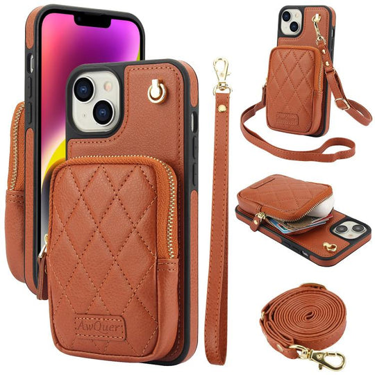 For iPhone 14 Plus AwQuer Crossbody Zipper Wallet Bag Litchi Leather Phone Case(Brown)
