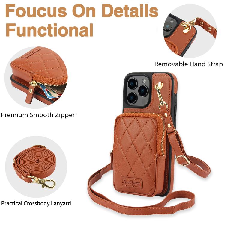 For iPhone 14 Plus AwQuer Crossbody Zipper Wallet Bag Litchi Leather Phone Case(Brown) - iPhone 14 Plus Cases by Awquer | Online Shopping UK | buy2fix