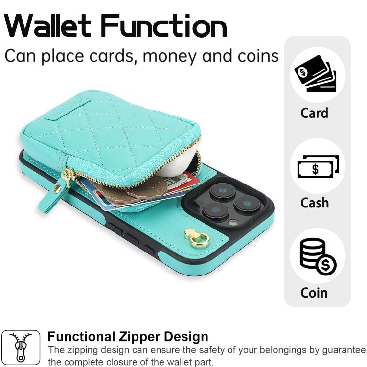 For iPhone 14 / 13 AwQuer Crossbody Zipper Wallet Bag Litchi Leather Phone Case(Mint Green) - iPhone 14 Cases by Awquer | Online Shopping UK | buy2fix