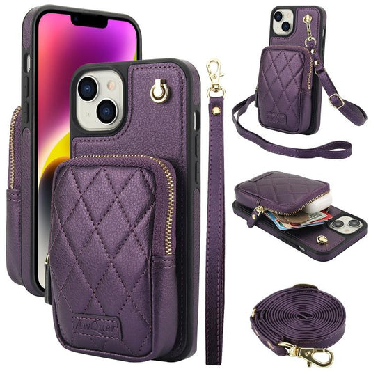For iPhone 14 / 13 AwQuer Crossbody Zipper Wallet Bag Litchi Leather Phone Case(Dark Purple) - iPhone 14 Cases by Awquer | Online Shopping UK | buy2fix