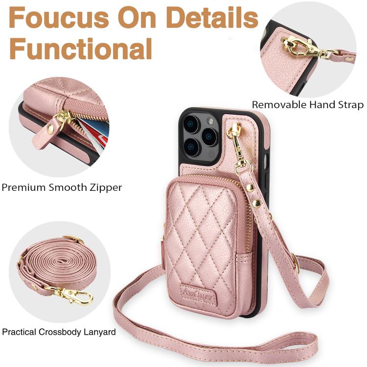 For iPhone 14 Pro AwQuer Crossbody Zipper Wallet Bag Litchi Leather Phone Case(Rose Gold) - iPhone 14 Pro Cases by Awquer | Online Shopping UK | buy2fix