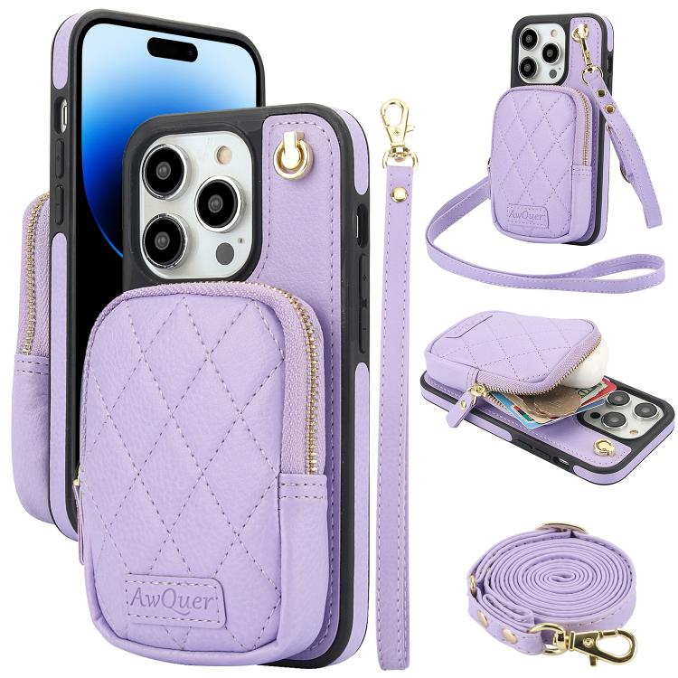 For iPhone 14 Pro AwQuer Crossbody Zipper Wallet Bag Litchi Leather Phone Case(Light Purple) - iPhone 14 Pro Cases by Awquer | Online Shopping UK | buy2fix