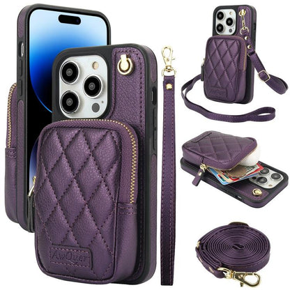 For iPhone 14 Pro AwQuer Crossbody Zipper Wallet Bag Litchi Leather Phone Case(Dark Purple) - iPhone 14 Pro Cases by Awquer | Online Shopping UK | buy2fix