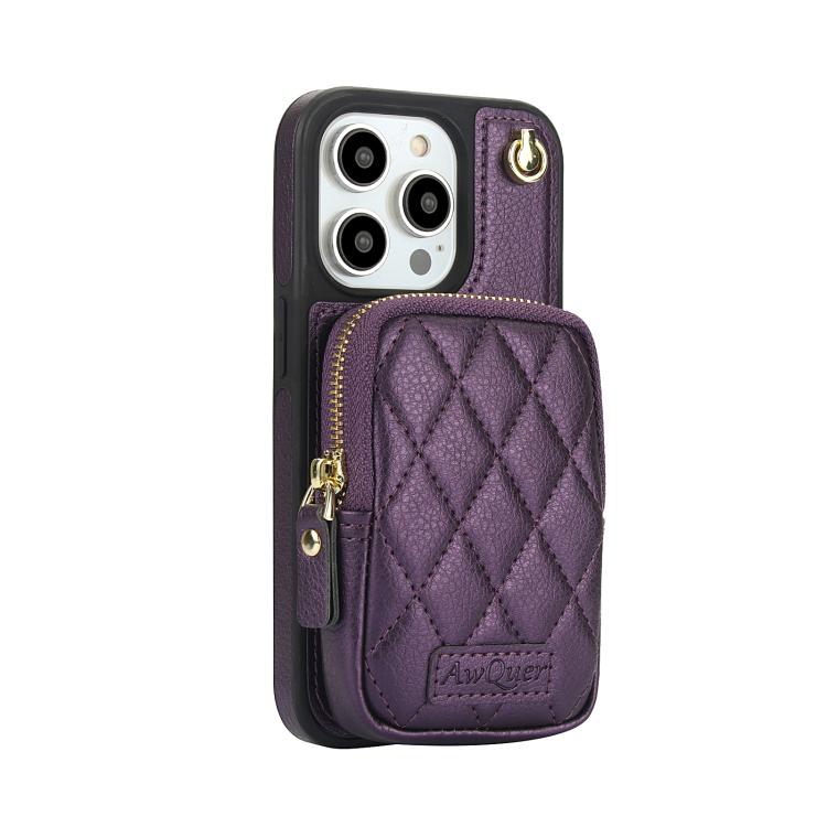 For iPhone 14 Pro AwQuer Crossbody Zipper Wallet Bag Litchi Leather Phone Case(Dark Purple) - iPhone 14 Pro Cases by Awquer | Online Shopping UK | buy2fix