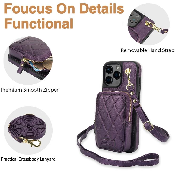 For iPhone 14 Pro AwQuer Crossbody Zipper Wallet Bag Litchi Leather Phone Case(Dark Purple) - iPhone 14 Pro Cases by Awquer | Online Shopping UK | buy2fix