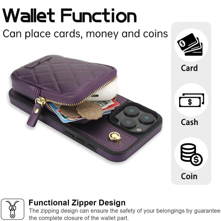For iPhone 14 Pro AwQuer Crossbody Zipper Wallet Bag Litchi Leather Phone Case(Dark Purple) - iPhone 14 Pro Cases by Awquer | Online Shopping UK | buy2fix