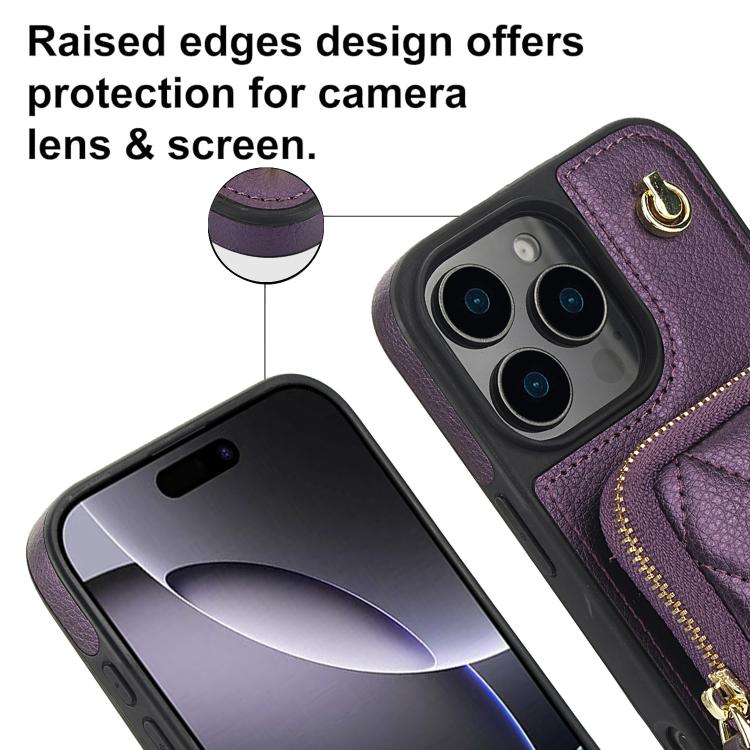 For iPhone 14 Pro AwQuer Crossbody Zipper Wallet Bag Litchi Leather Phone Case(Dark Purple) - iPhone 14 Pro Cases by Awquer | Online Shopping UK | buy2fix