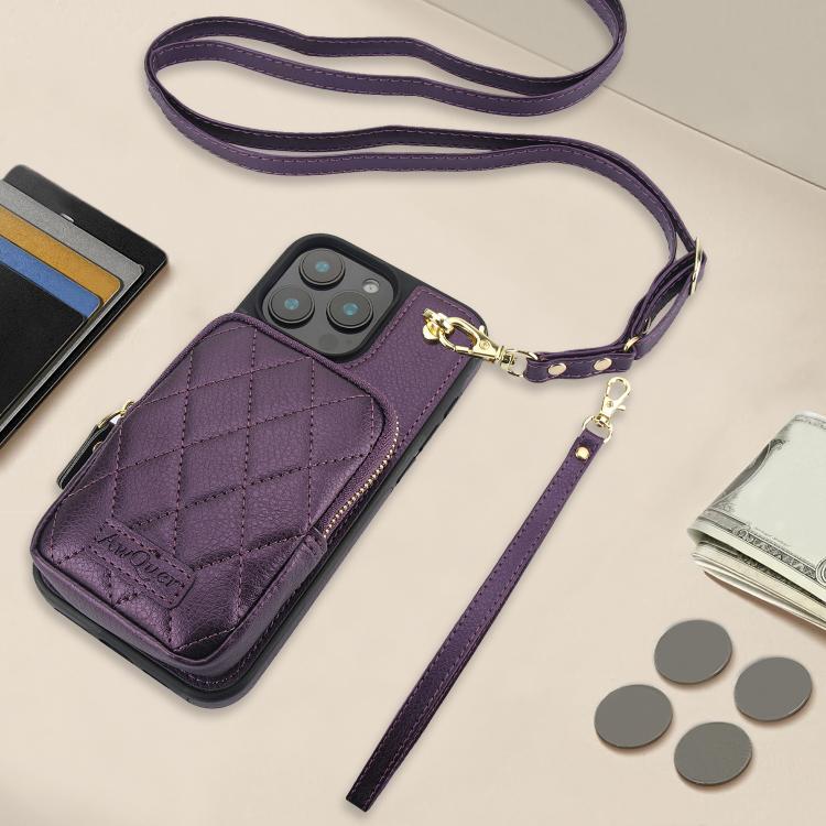 For iPhone 14 Pro AwQuer Crossbody Zipper Wallet Bag Litchi Leather Phone Case(Dark Purple) - iPhone 14 Pro Cases by Awquer | Online Shopping UK | buy2fix
