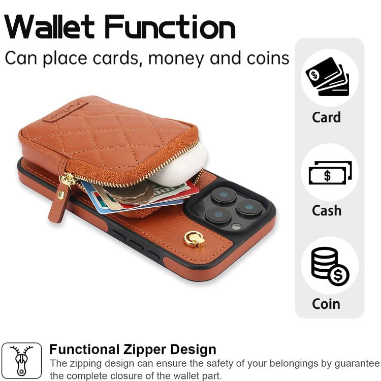 For iPhone 14 Pro AwQuer Crossbody Zipper Wallet Bag Litchi Leather Phone Case(Brown) - iPhone 14 Pro Cases by Awquer | Online Shopping UK | buy2fix