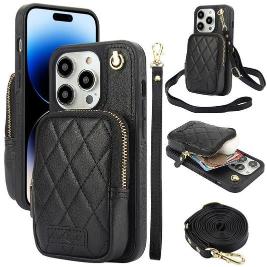 For iPhone 14 Pro Max AwQuer Crossbody Zipper Wallet Bag Litchi Leather Phone Case(Black) - iPhone 14 Pro Max Cases by Awquer | Online Shopping UK | buy2fix