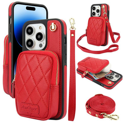For iPhone 14 Pro Max AwQuer Crossbody Zipper Wallet Bag Litchi Leather Phone Case(Red) - iPhone 14 Pro Max Cases by Awquer | Online Shopping UK | buy2fix