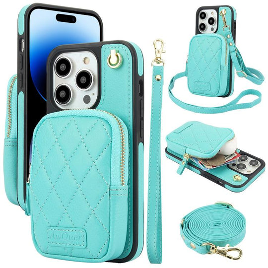 For iPhone 14 Pro Max AwQuer Crossbody Zipper Wallet Bag Litchi Leather Phone Case(Mint Green)