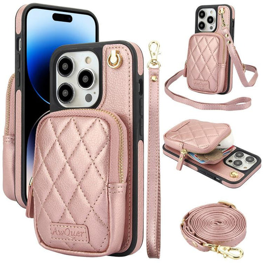 For iPhone 14 Pro Max AwQuer Crossbody Zipper Wallet Bag Litchi Leather Phone Case(Rose Gold) - iPhone 14 Pro Max Cases by Awquer | Online Shopping UK | buy2fix