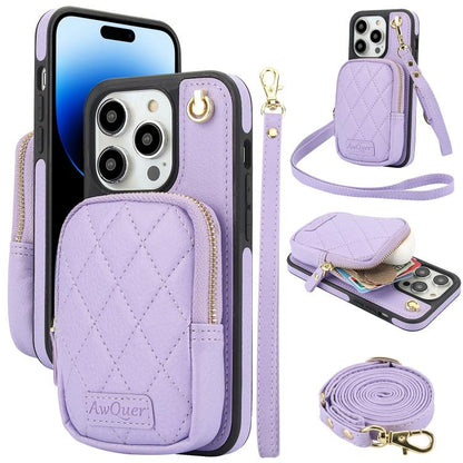 For iPhone 14 Pro Max AwQuer Crossbody Zipper Wallet Bag Litchi Leather Phone Case(Light Purple) - iPhone 14 Pro Max Cases by Awquer | Online Shopping UK | buy2fix