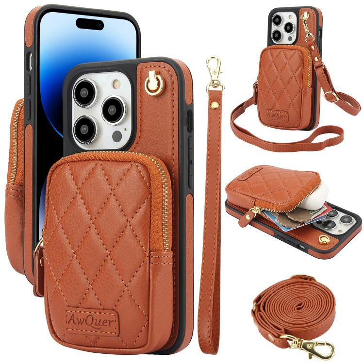 For iPhone 14 Pro Max AwQuer Crossbody Zipper Wallet Bag Litchi Leather Phone Case(Brown) - iPhone 14 Pro Max Cases by Awquer | Online Shopping UK | buy2fix