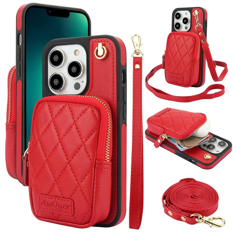 For iPhone 13 Pro Max AwQuer Crossbody Zipper Wallet Bag Litchi Leather Phone Case(Red) - iPhone 13 Pro Max Cases by Awquer | Online Shopping UK | buy2fix