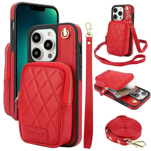 For iPhone 13 Pro Max AwQuer Crossbody Zipper Wallet Bag Litchi Leather Phone Case(Red) - iPhone 13 Pro Max Cases by Awquer | Online Shopping UK | buy2fix