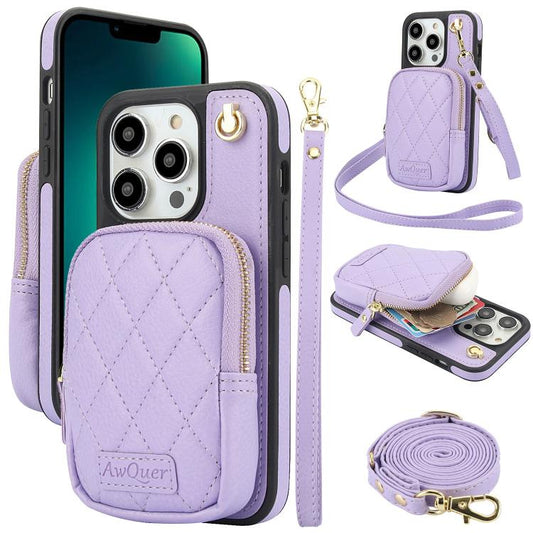 For iPhone 13 Pro Max AwQuer Crossbody Zipper Wallet Bag Litchi Leather Phone Case(Light Purple) - iPhone 13 Pro Max Cases by Awquer | Online Shopping UK | buy2fix