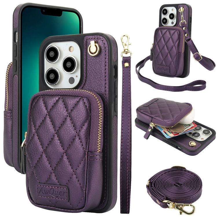 For iPhone 13 Pro Max AwQuer Crossbody Zipper Wallet Bag Litchi Leather Phone Case(Dark Purple) - iPhone 13 Pro Max Cases by Awquer | Online Shopping UK | buy2fix