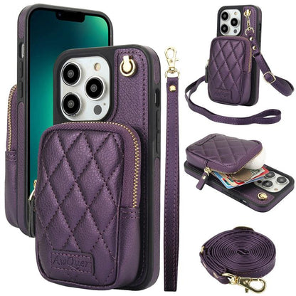 For iPhone 13 Pro Max AwQuer Crossbody Zipper Wallet Bag Litchi Leather Phone Case(Dark Purple) - iPhone 13 Pro Max Cases by Awquer | Online Shopping UK | buy2fix