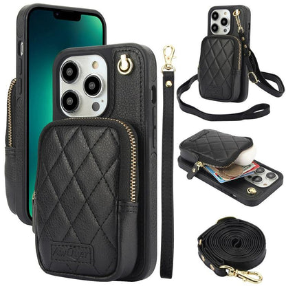 For iPhone 13 Pro AwQuer Crossbody Zipper Wallet Bag Litchi Leather Phone Case(Black) - iPhone 13 Pro Cases by Awquer | Online Shopping UK | buy2fix