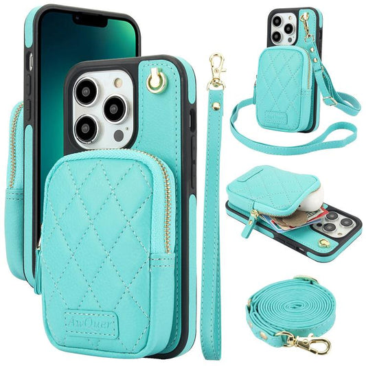 For iPhone 13 Pro AwQuer Crossbody Zipper Wallet Bag Litchi Leather Phone Case(Mint Green) - iPhone 13 Pro Cases by Awquer | Online Shopping UK | buy2fix
