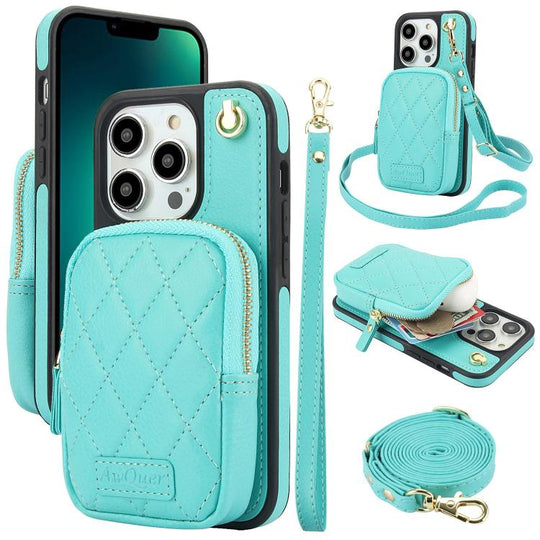 For iPhone 13 Pro AwQuer Crossbody Zipper Wallet Bag Litchi Leather Phone Case(Mint Green)