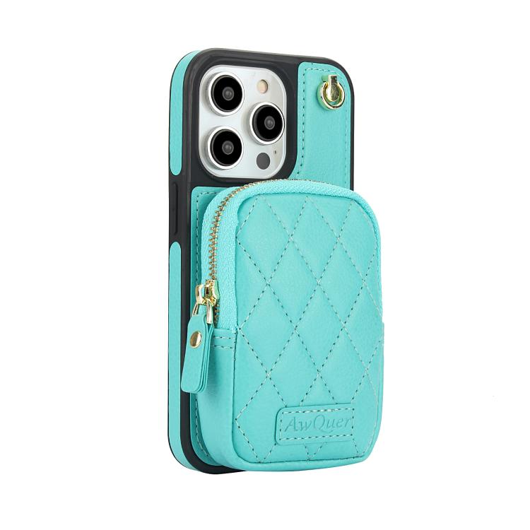For iPhone 13 Pro AwQuer Crossbody Zipper Wallet Bag Litchi Leather Phone Case(Mint Green) - iPhone 13 Pro Cases by Awquer | Online Shopping UK | buy2fix