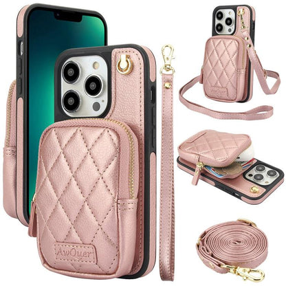 For iPhone 13 Pro AwQuer Crossbody Zipper Wallet Bag Litchi Leather Phone Case(Rose Gold) - iPhone 13 Pro Cases by Awquer | Online Shopping UK | buy2fix