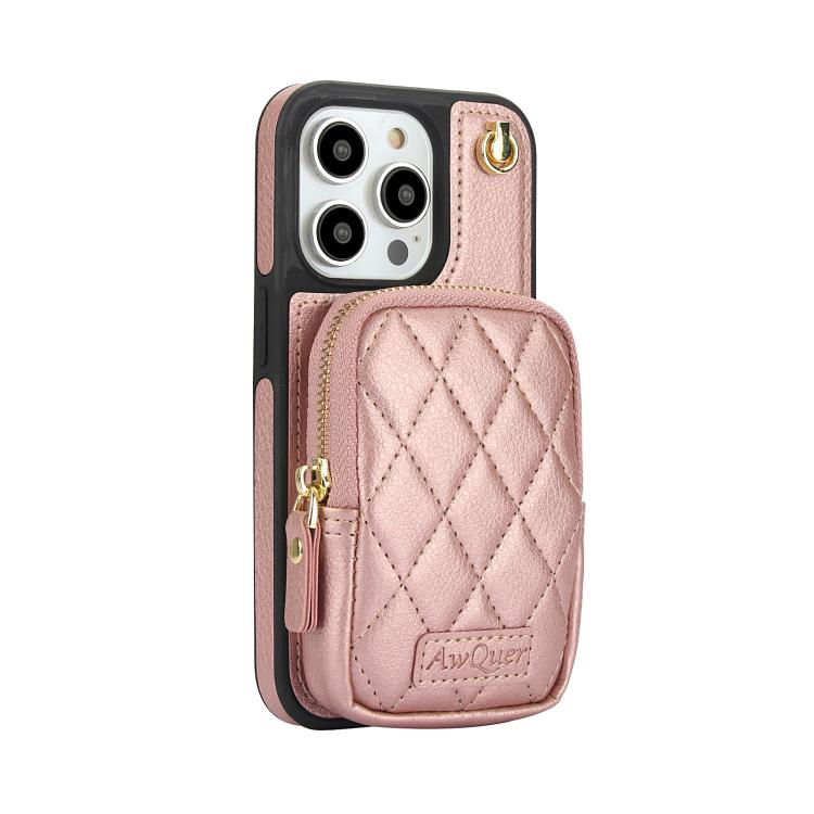 For iPhone 13 Pro AwQuer Crossbody Zipper Wallet Bag Litchi Leather Phone Case(Rose Gold) - iPhone 13 Pro Cases by Awquer | Online Shopping UK | buy2fix