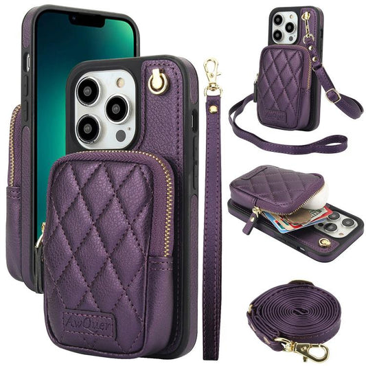 For iPhone 13 Pro AwQuer Crossbody Zipper Wallet Bag Litchi Leather Phone Case(Dark Purple) - iPhone 13 Pro Cases by Awquer | Online Shopping UK | buy2fix