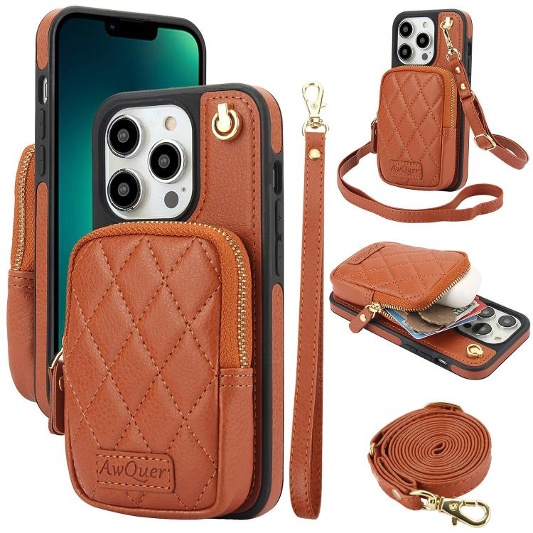 For iPhone 13 Pro AwQuer Crossbody Zipper Wallet Bag Litchi Leather Phone Case(Brown) - iPhone 13 Pro Cases by Awquer | Online Shopping UK | buy2fix
