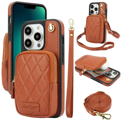 For iPhone 13 Pro AwQuer Crossbody Zipper Wallet Bag Litchi Leather Phone Case(Brown) - iPhone 13 Pro Cases by Awquer | Online Shopping UK | buy2fix
