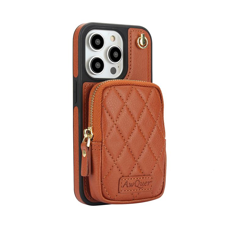 For iPhone 13 Pro AwQuer Crossbody Zipper Wallet Bag Litchi Leather Phone Case(Brown) - iPhone 13 Pro Cases by Awquer | Online Shopping UK | buy2fix