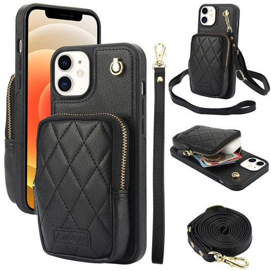 For iPhone 12 / 12 Pro AwQuer Crossbody Zipper Wallet Bag Litchi Leather Phone Case(Black) - iPhone 12 / 12 Pro Cases by Awquer | Online Shopping UK | buy2fix