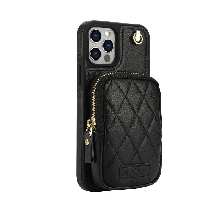 For iPhone 12 / 12 Pro AwQuer Crossbody Zipper Wallet Bag Litchi Leather Phone Case(Black) - iPhone 12 / 12 Pro Cases by Awquer | Online Shopping UK | buy2fix