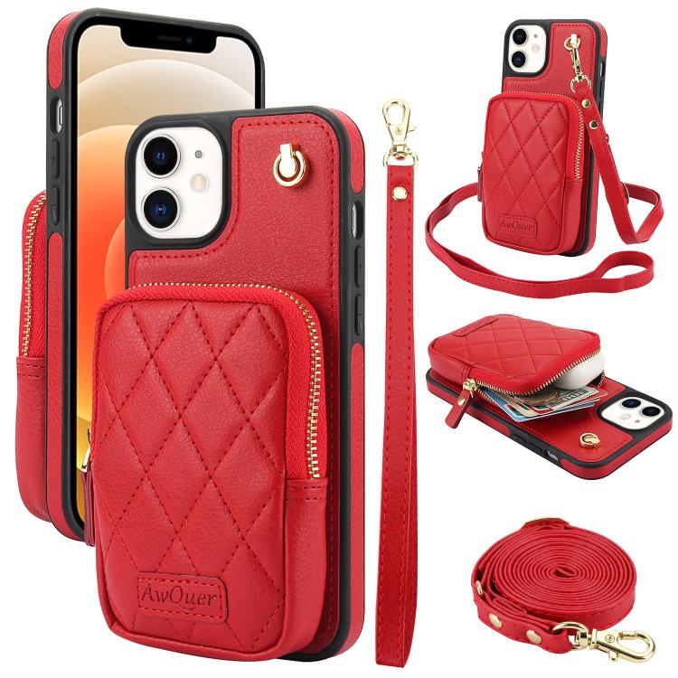 For iPhone 12 / 12 Pro AwQuer Crossbody Zipper Wallet Bag Litchi Leather Phone Case(Red) - iPhone 12 / 12 Pro Cases by Awquer | Online Shopping UK | buy2fix