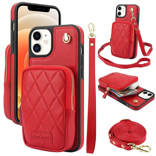 For iPhone 12 / 12 Pro AwQuer Crossbody Zipper Wallet Bag Litchi Leather Phone Case(Red) - iPhone 12 / 12 Pro Cases by Awquer | Online Shopping UK | buy2fix