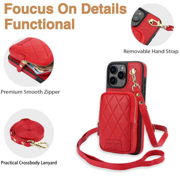 For iPhone 12 / 12 Pro AwQuer Crossbody Zipper Wallet Bag Litchi Leather Phone Case(Red) - iPhone 12 / 12 Pro Cases by Awquer | Online Shopping UK | buy2fix